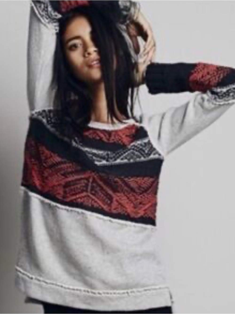 Free People Crewneck Isle Pullover Sweater in Gray, Black and Red